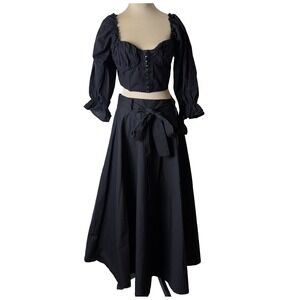 Women Goth Black Corset Top Flowy Maxi Skirt Bundle Puff Sleeve Witchy Outfit